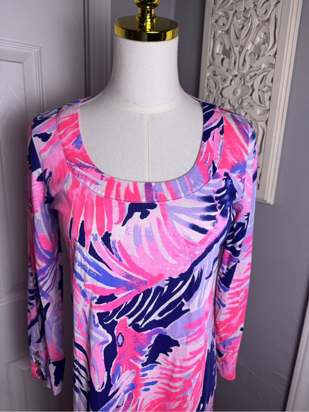 🌸 Lilly Pulitzer Merrit Dress Paradise Point True Blue Pink Pima Cotton XS - Picture 4 of 11